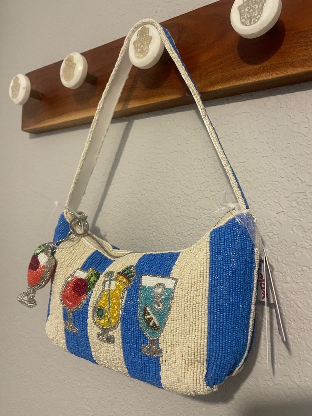 Viral Beaded Bag - Cocktail Stripe Shoulder Bag - Blue & Cream - Picture 4 of 9